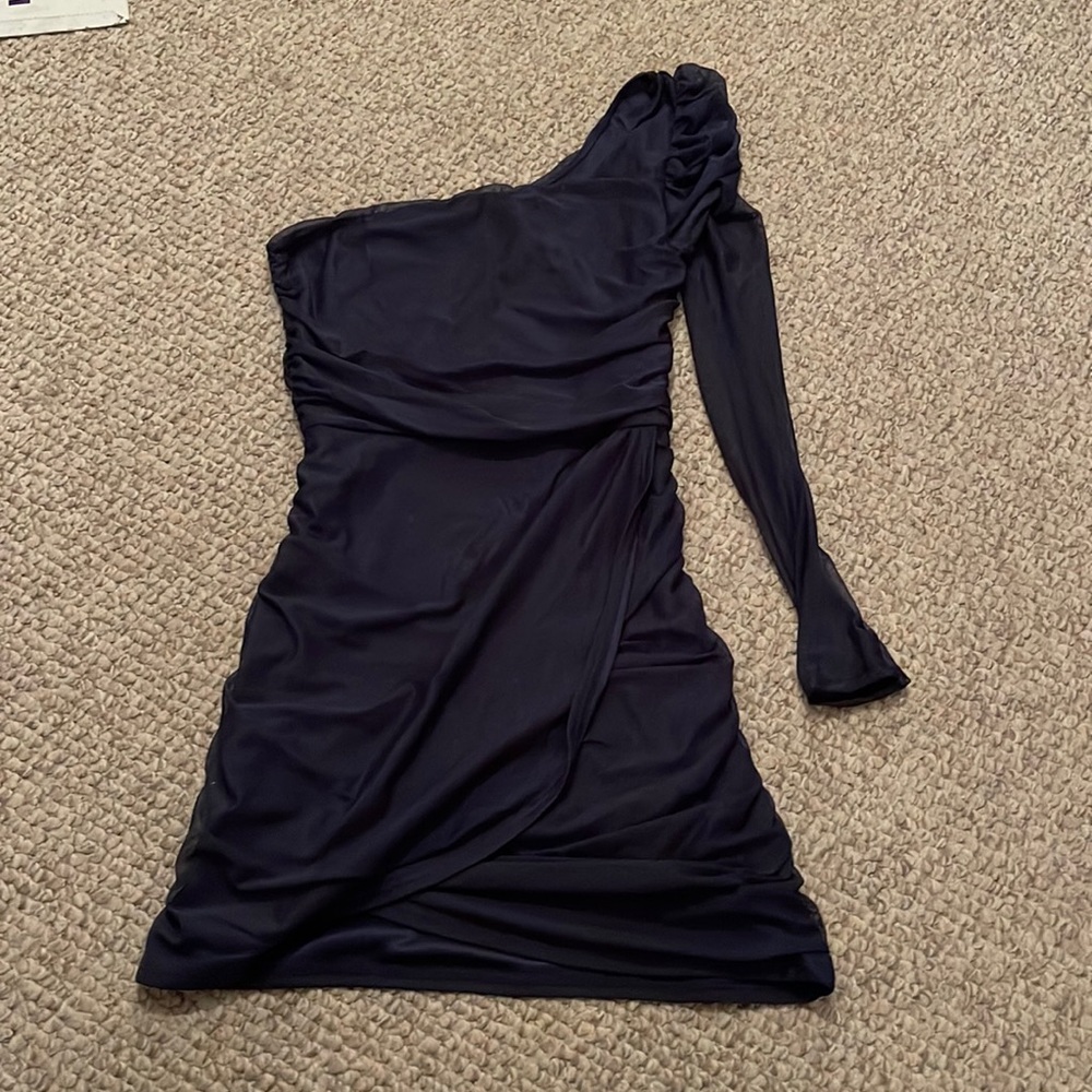 Lucy in the sky navy blue dress. Sheer one sleeve. Form fitting